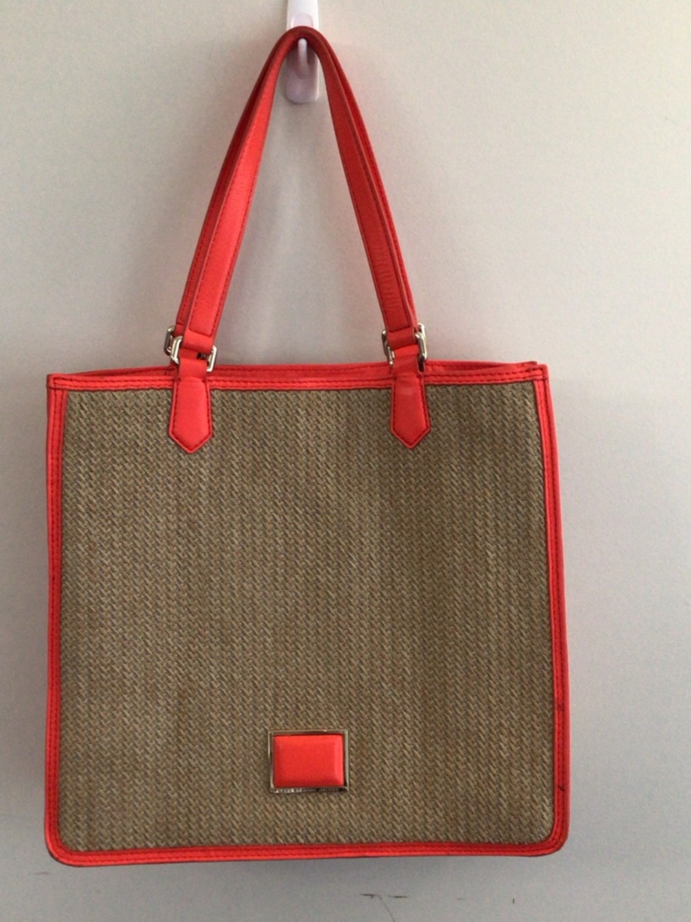 Marc Jacobs Natural Woven Straw Tote with Leather Coral Trim
